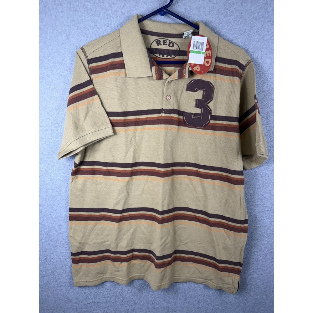 Red Snap Polo‎ Shirt Mens Large Beige Striped Number 3 Ludlow Crest Casual
